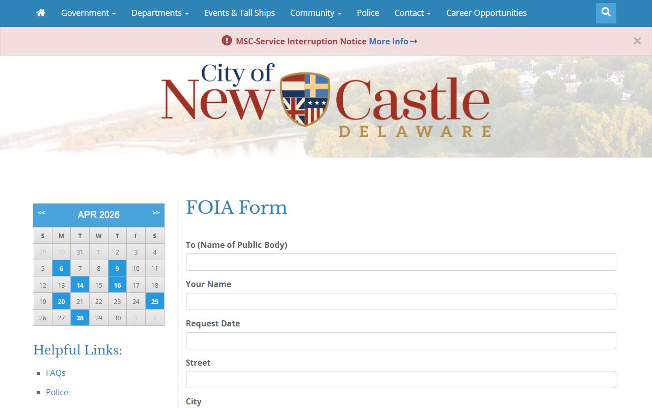 City of New Castle FOIA page for New Castle County Jail Mugshots requests