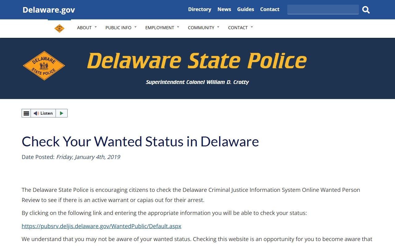 Delaware State Police check wanted status page tied to jail mugshots records