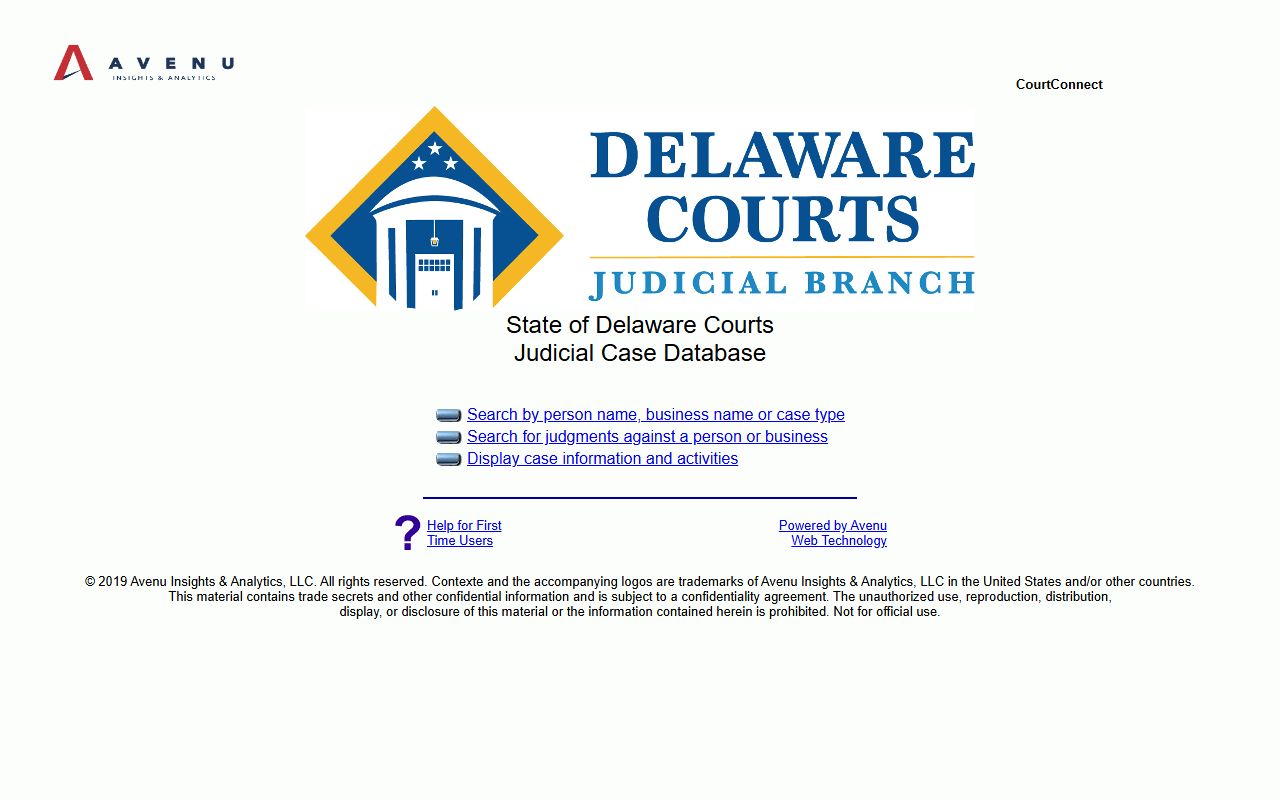 Delaware CourtConnect case search showing court docket tied to jail mugshots