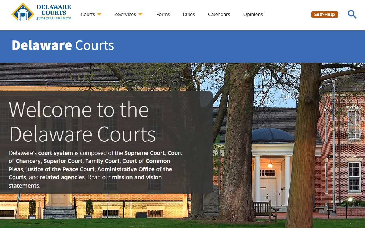 Delaware Courts homepage linking to jail mugshots case records