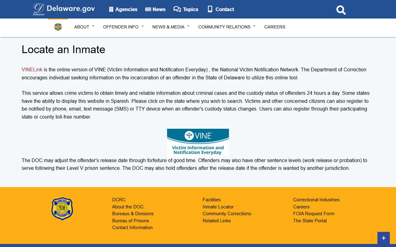 Delaware Department of Correction inmate locator page showing jail mugshots search