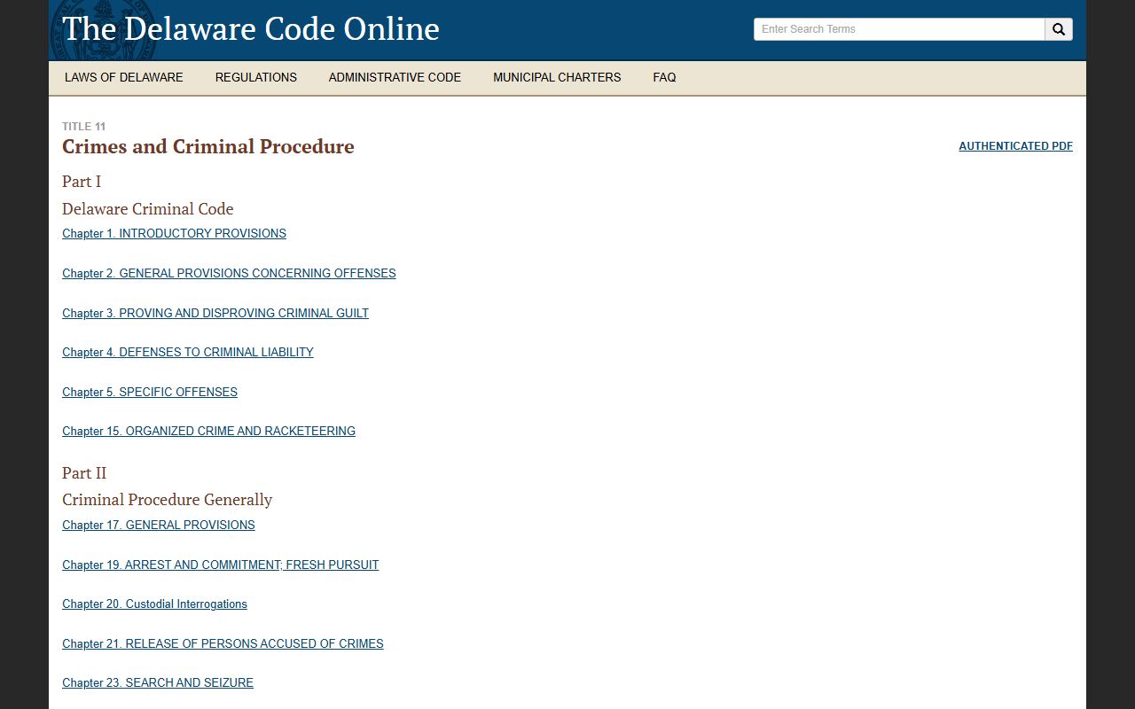 Delaware Code Title 11 statutes for jail mugshots and arrest records