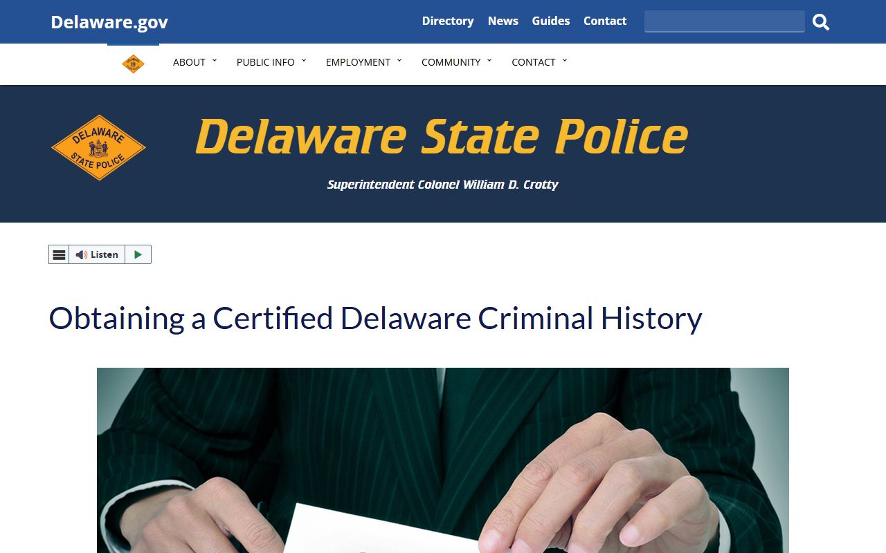 Delaware State Police SBI fingerprinting and jail mugshots services page