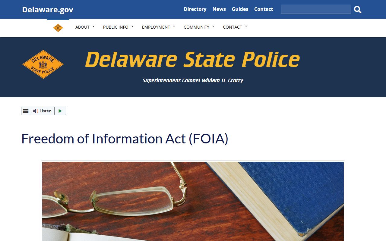 Delaware State Police FOIA page for jail mugshots requests